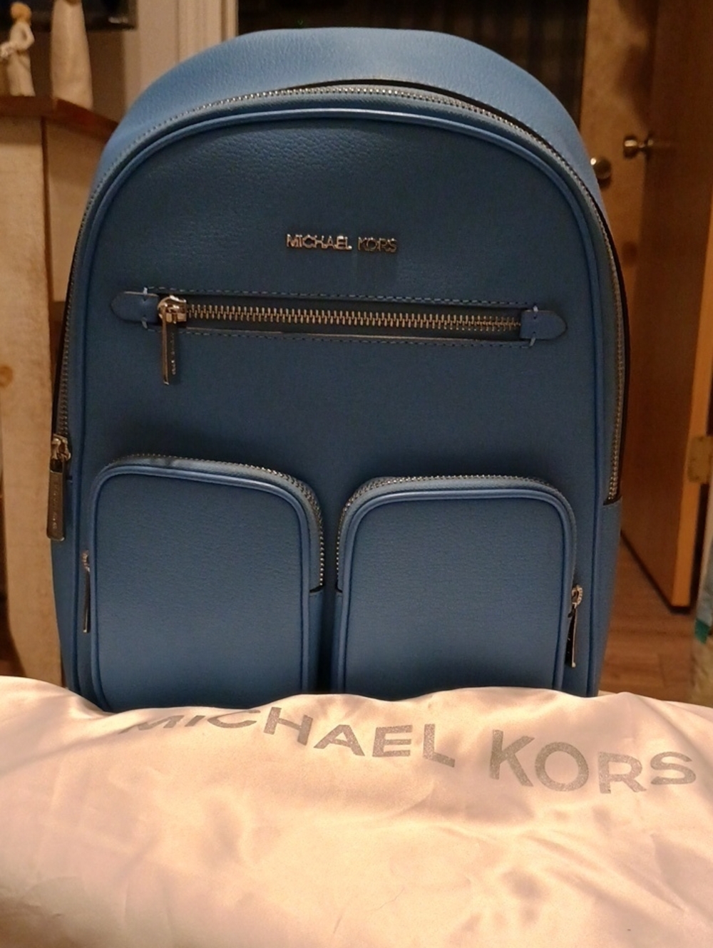 Michael Kors Sky Blue Leather Backpack with Front Pockets